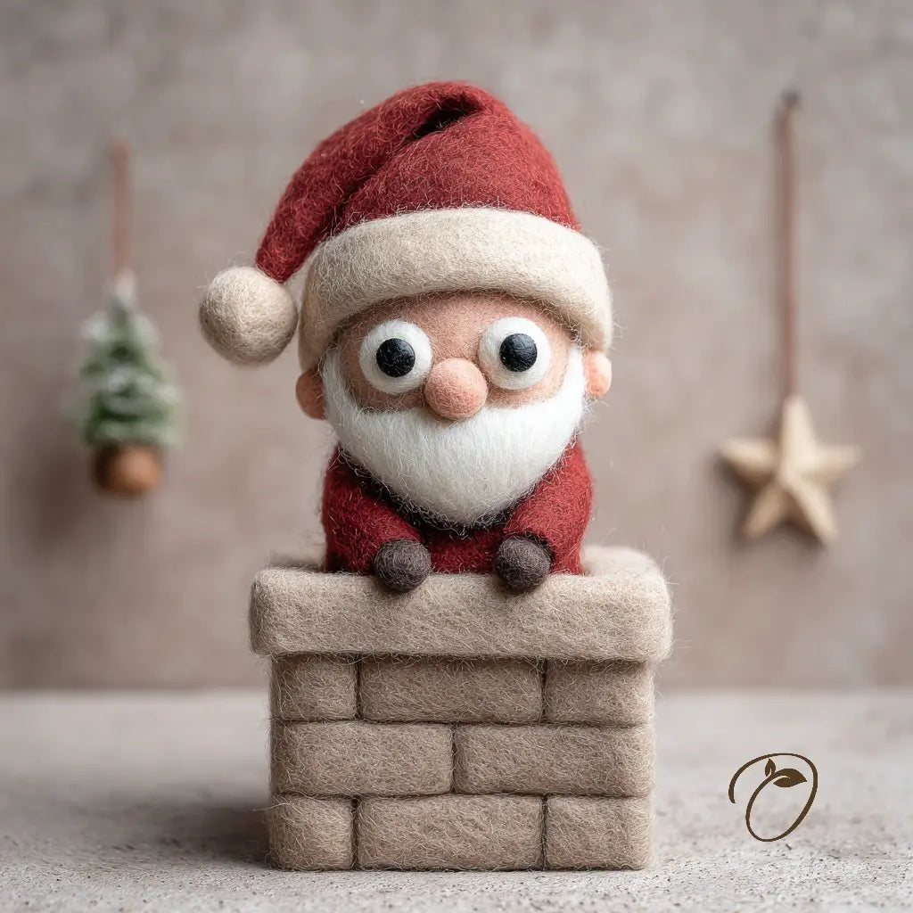 A cute, handcrafted felt Santa Claus figurine wearing a red hat and suit with a white beard, sitting on top of a beige felt brick chimney. The background is a soft, warm beige with blurred hanging ornaments.