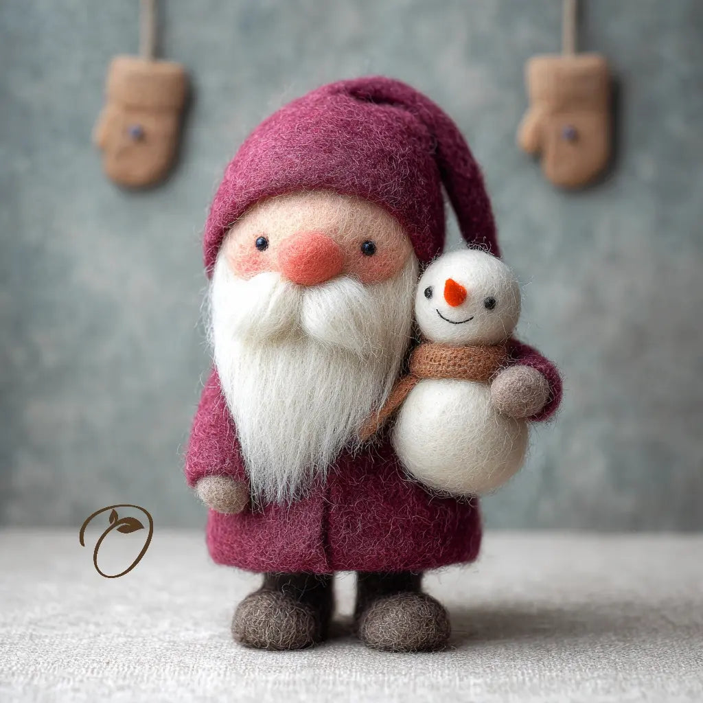 Santa holding a small snowman wool felt Christmas figurine