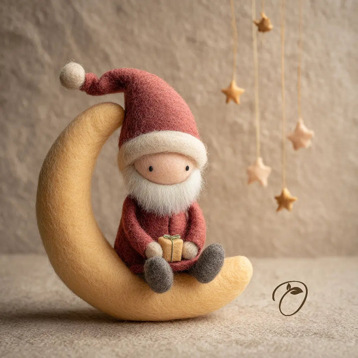 A felt Christmas ornament depicting a Santa Claus figure sitting on a crescent moon, holding a small gift box. The ornament is styled on a textured beige surface with hanging wooden star decorations in the background.