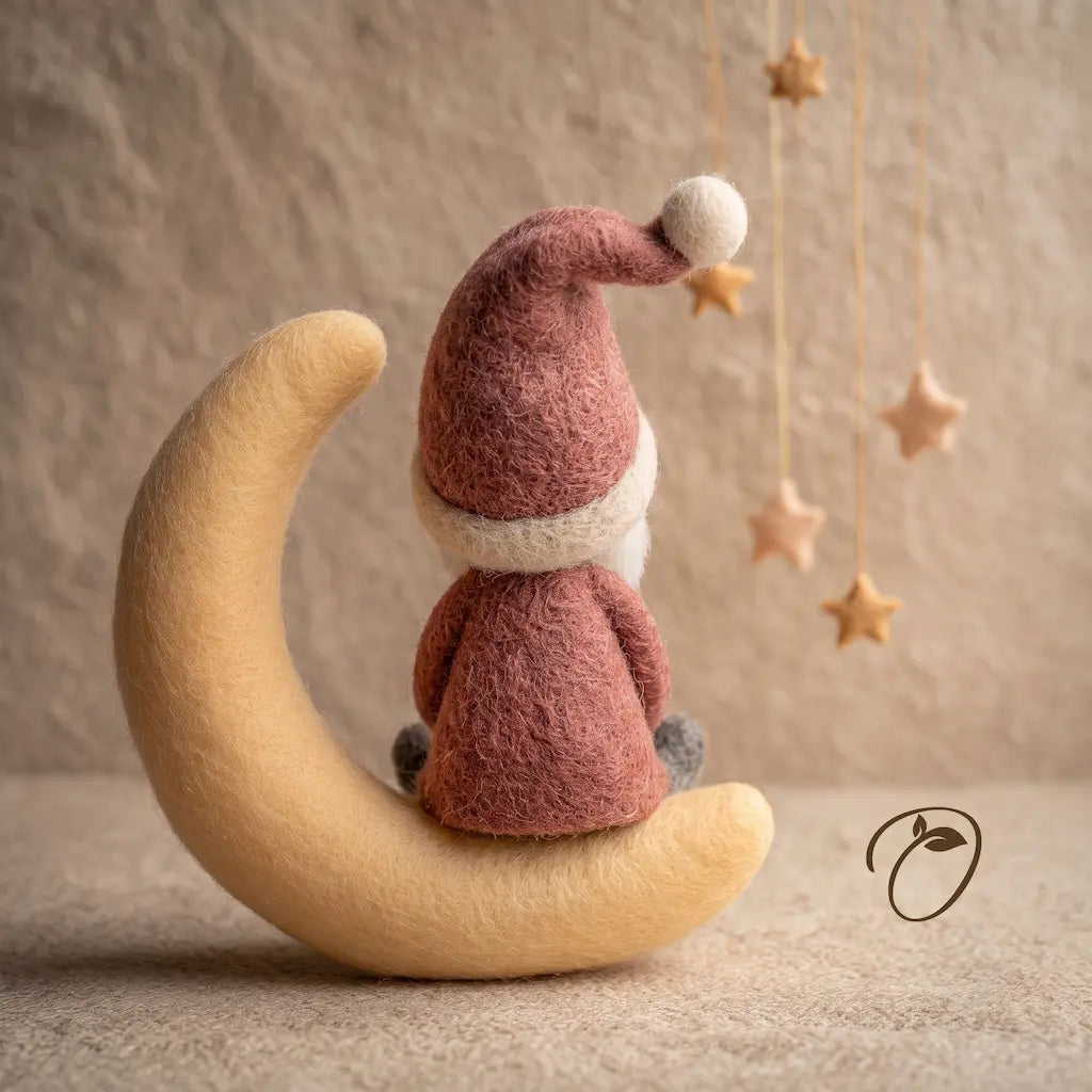 A felt Christmas ornament depicting a Santa Claus figure sitting on a crescent moon, holding a small gift box. The ornament is styled on a textured beige surface with hanging wooden star decorations in the background.