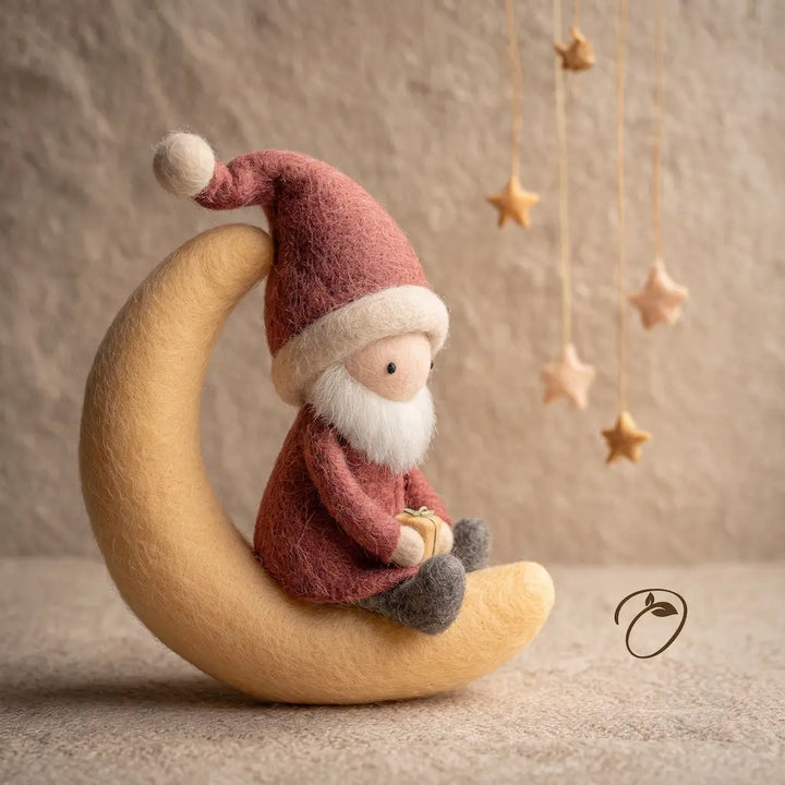 A felt Christmas ornament depicting a Santa Claus figure sitting on a crescent moon, holding a small gift box. The ornament is styled on a textured beige surface with hanging wooden star decorations in the background.