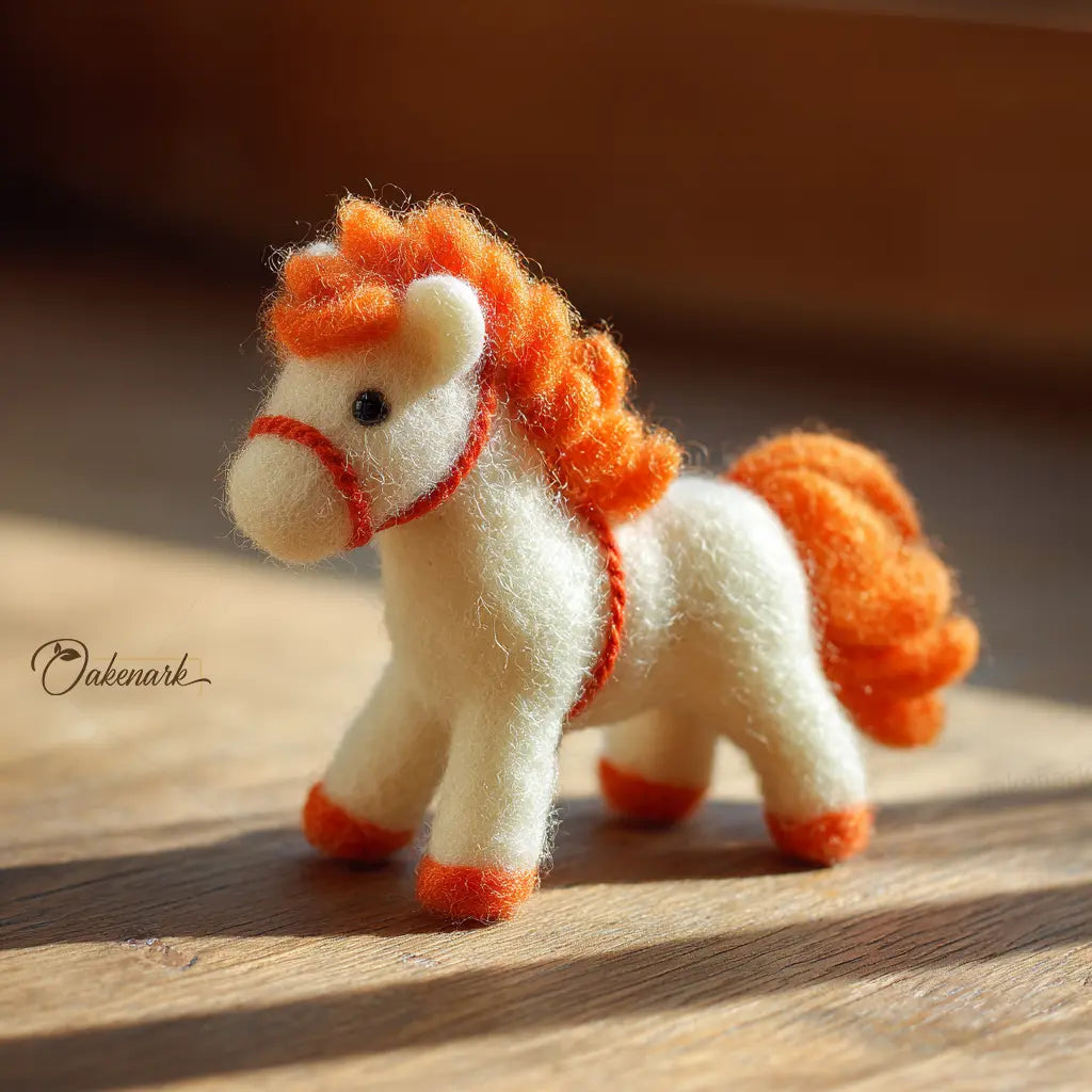 Small toy horse with orange mane and tail on a wooden surface
