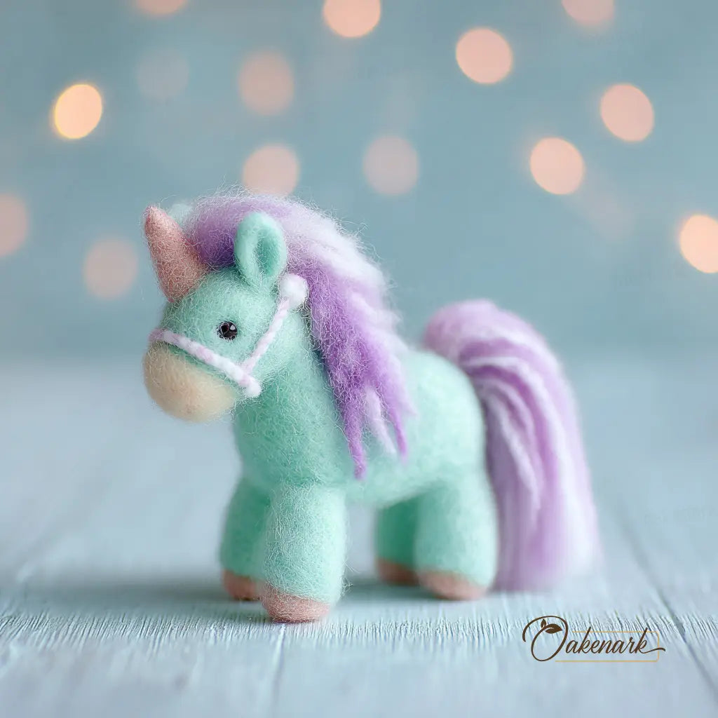 Felted unicorn toy with a purple mane and tail on a light blue background