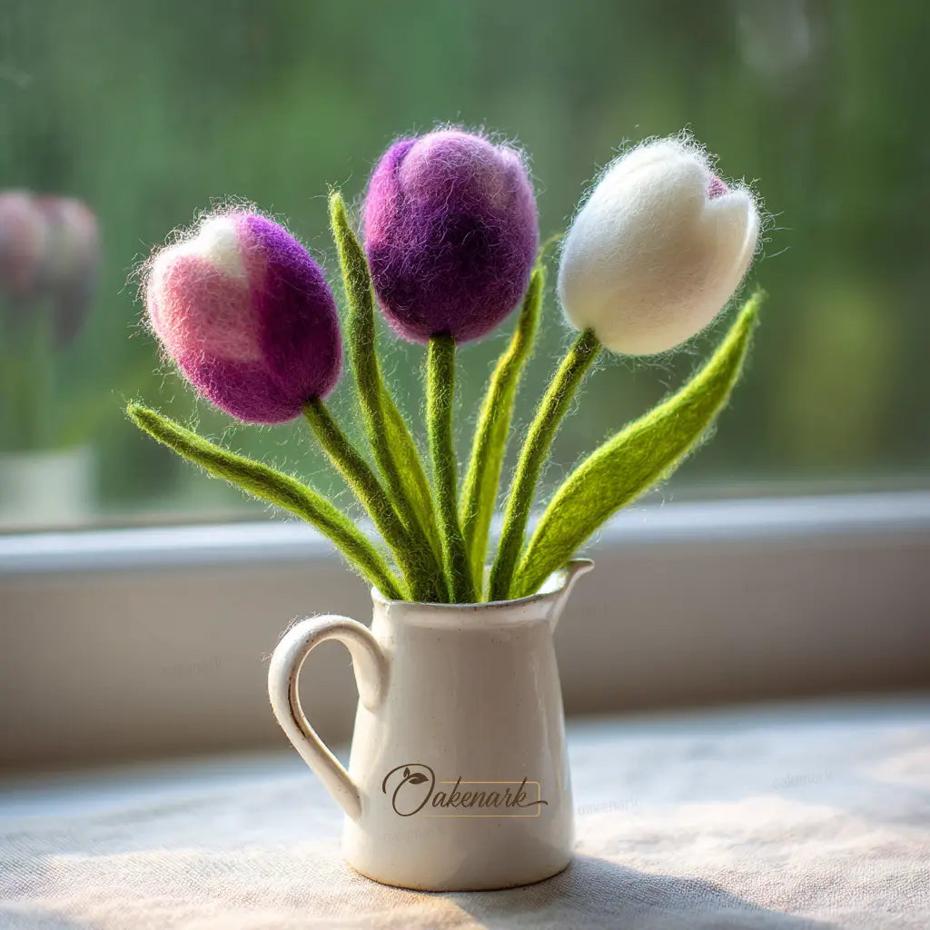 Felted tulips in a small white mug with &