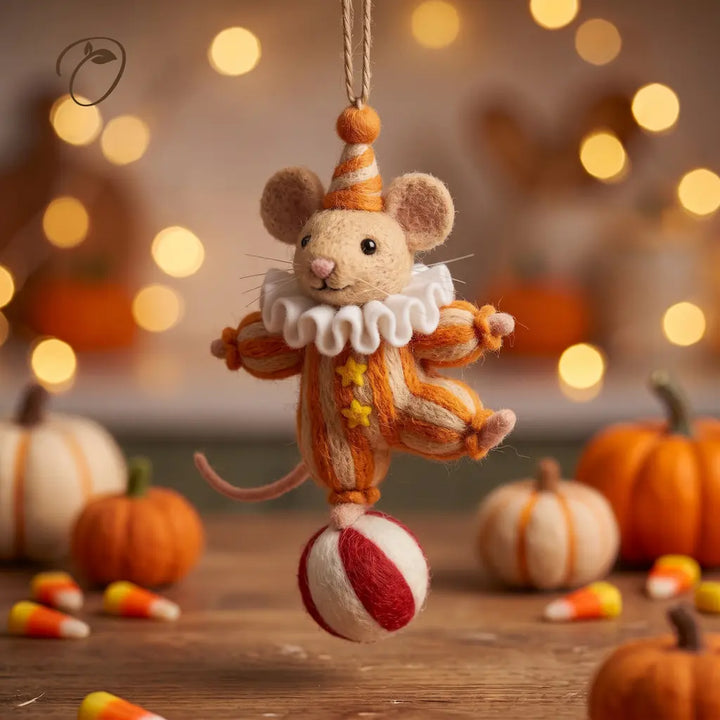 Three-quarter view of Carnival Mouse felt ornament showing its ruffled collar, yellow stars and raised leg