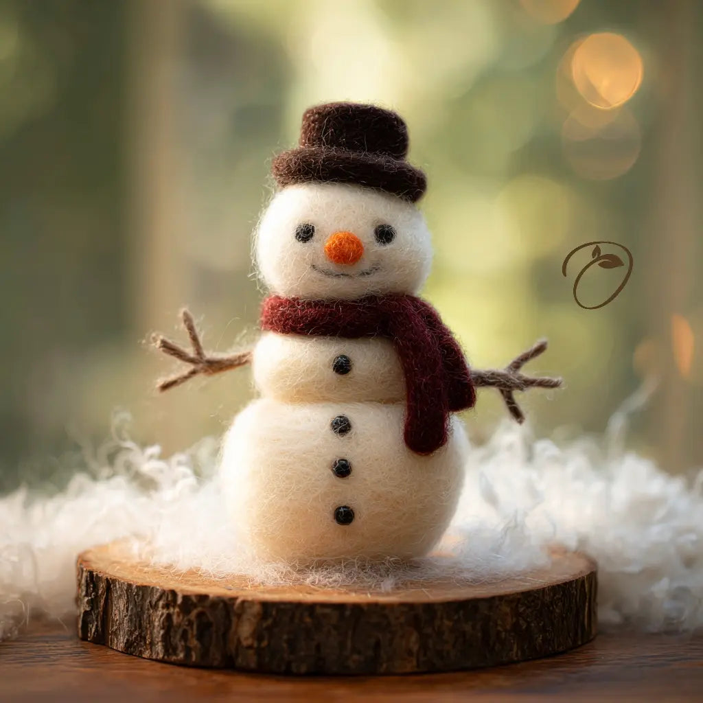 A small felt snowman decoration with a dark brown top hat, orange carrot nose, black buttons, twig arms, and a dark red scarf, displayed on a round wood slice with white faux snow against a soft blurred outdoor background.