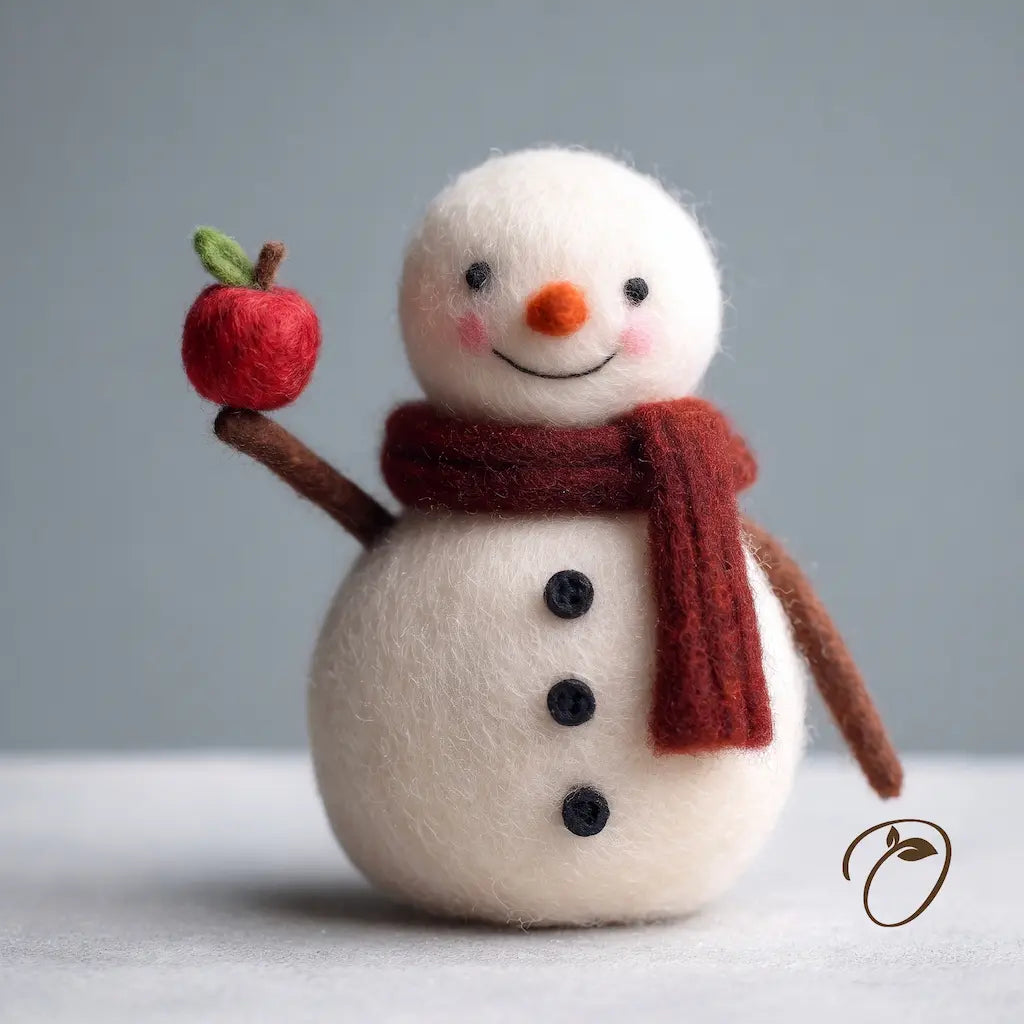 A small felt snowman figurine with a white body, dark buttons, a red scarf, brown arms, and a red apple held in one arm, photographed against a soft gray background.