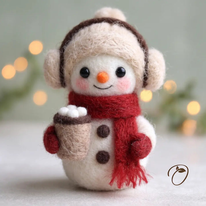 Cocoa Snowman felt figurine wearing cream earmuffs and a red scarf, holding a cocoa cup topped with felt marshmallows