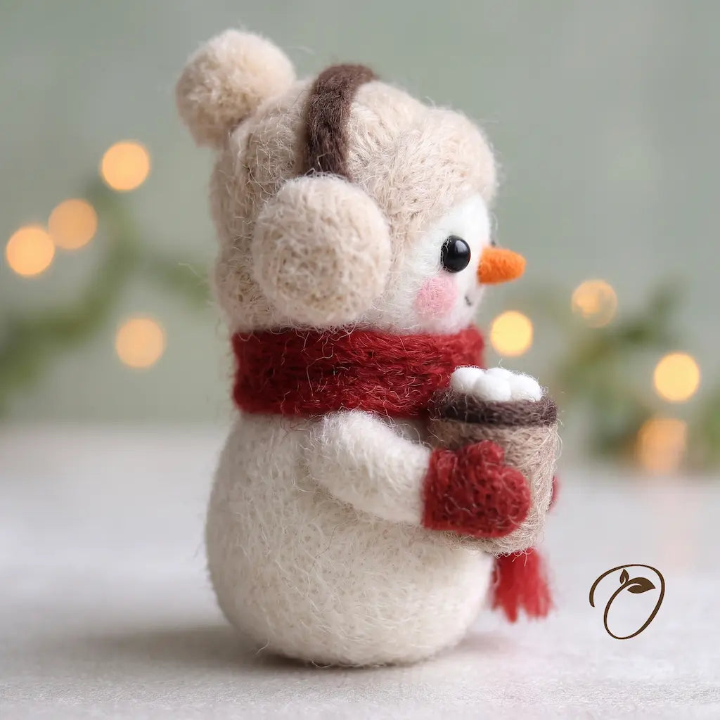 Side view of Cocoa Snowman felt figurine showing its cream pom-pom hat, earmuff, red mitten and miniature cocoa cup