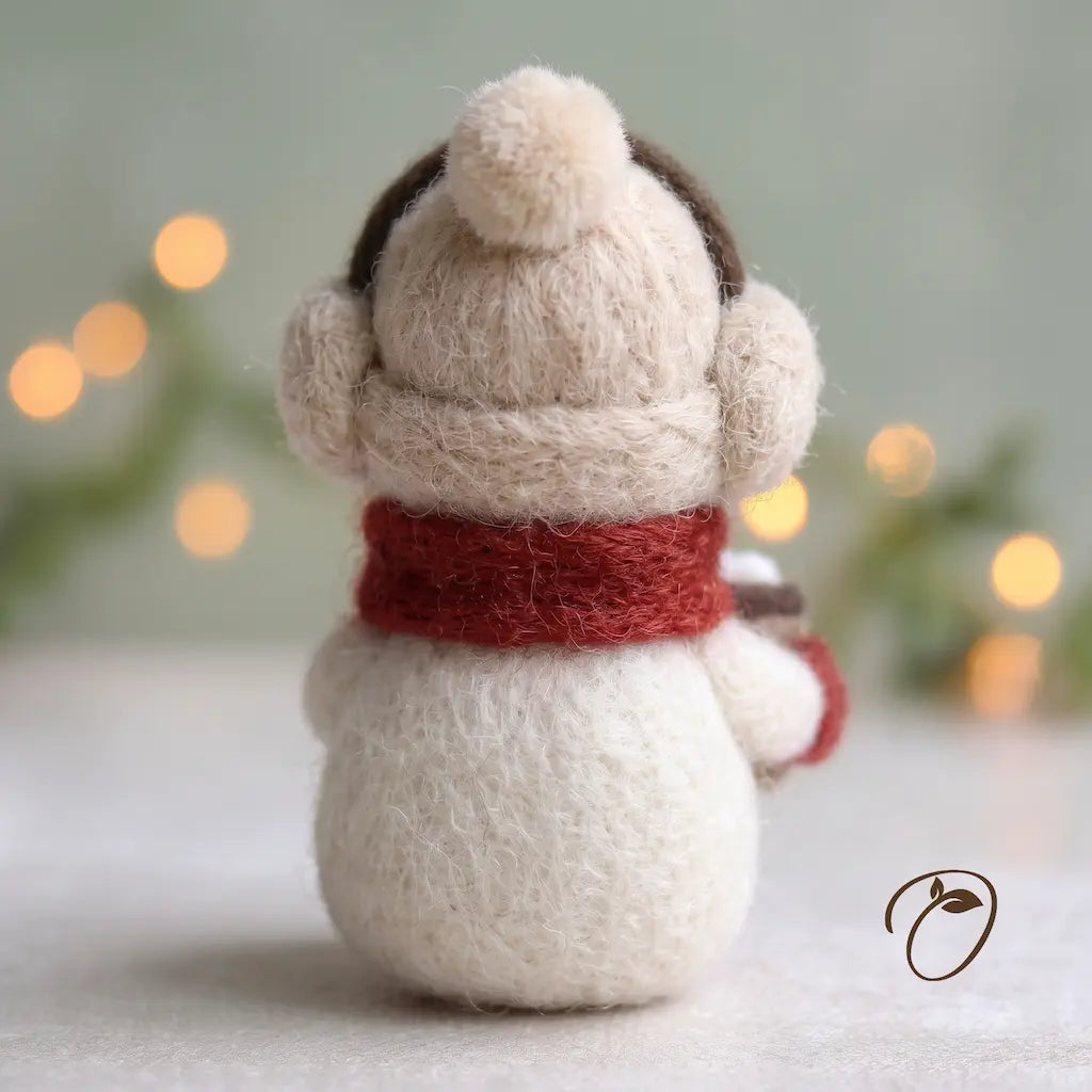 Back view of Cocoa Snowman felt figurine showing its cream pom-pom hat, brown earmuff band and red scarf