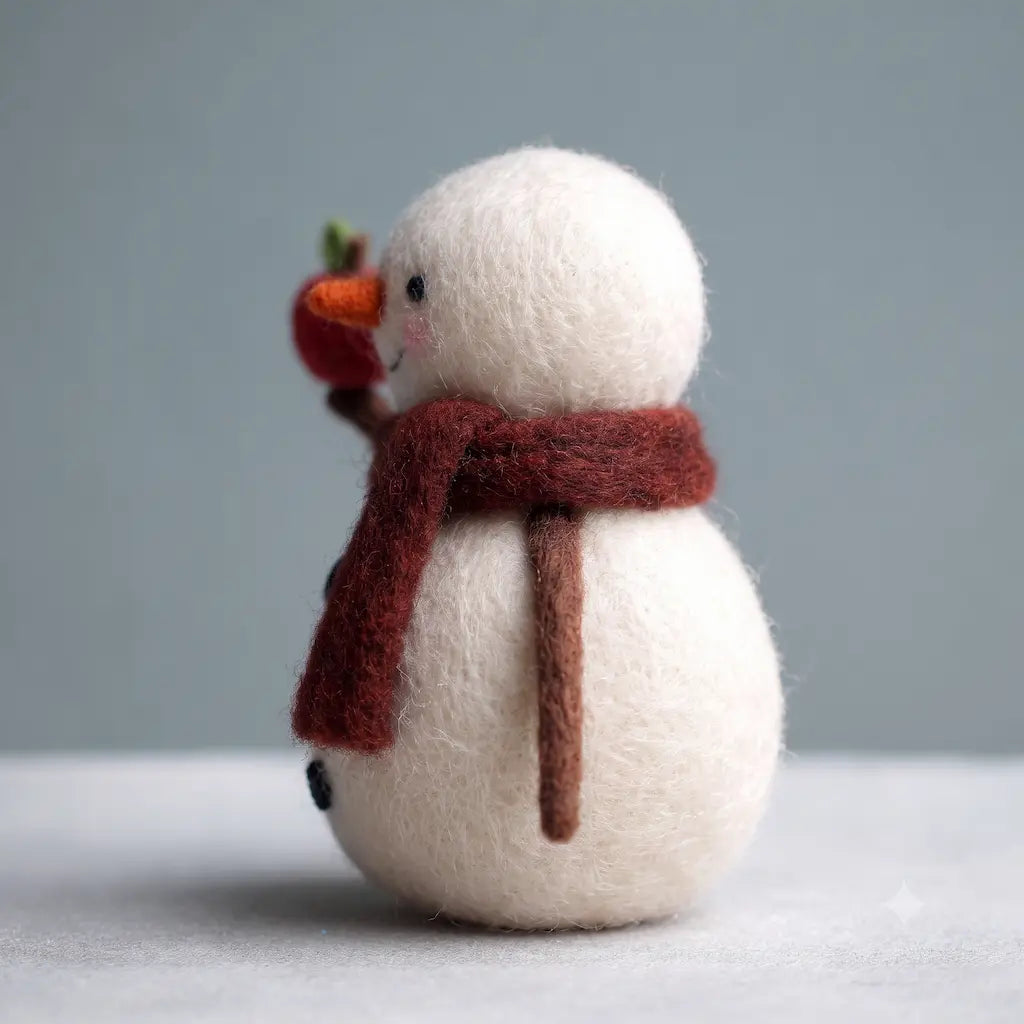 A small felt snowman decoration with a white body, dark red scarf, and orange carrot nose, standing against a soft gray background.