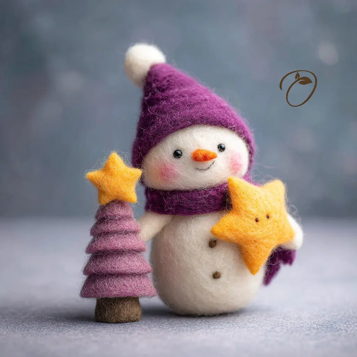 Starlight Snowman wool felt figurine holding a yellow star, wearing a purple hat and scarf beside a purple Christmas tree