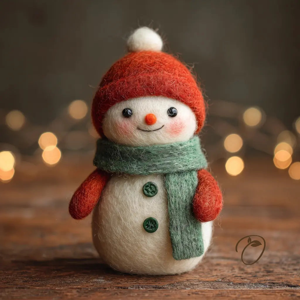 Hearthside Snowman wool felt figurine with a rust-red pom-pom hat, matching mittens, sage-green scarf and green buttons