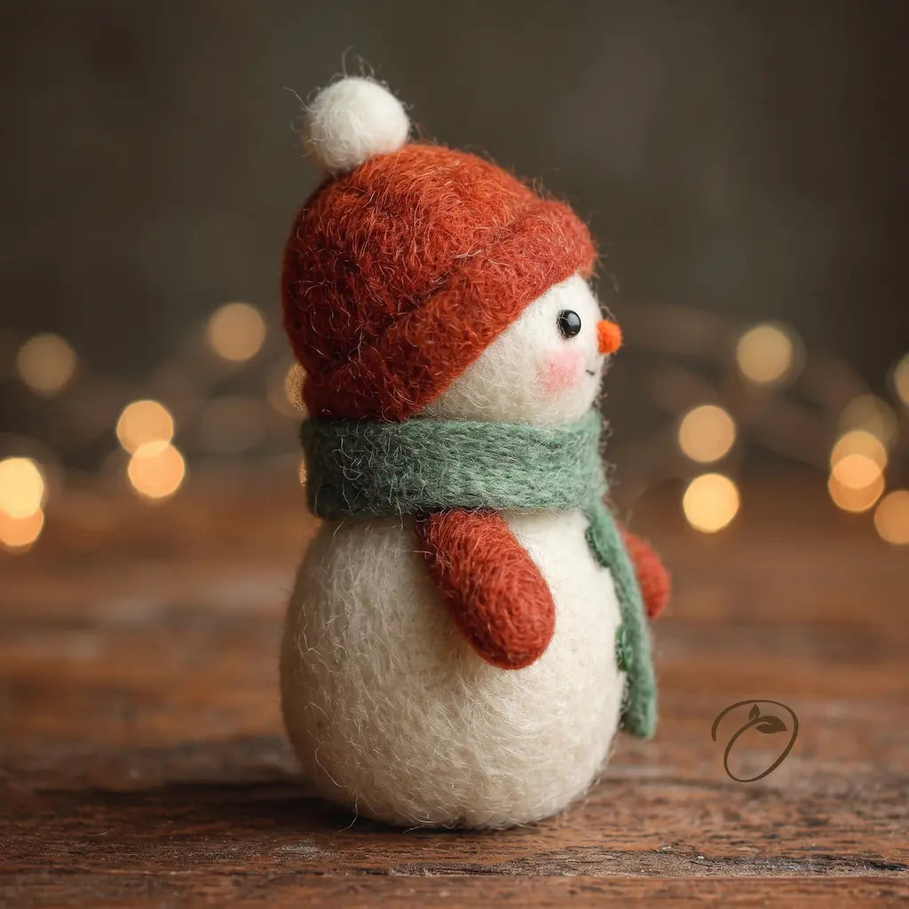 Side view of Hearthside Snowman felt figurine showing its carrot nose, red mitten and draped sage-green scarf