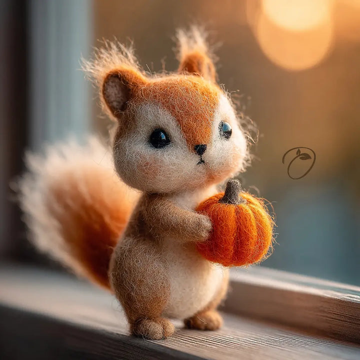 A cute needle-felted squirrel crafted from orange and cream wool, standing on a wooden windowsill and holding a small orange pumpkin. The background shows a warm, softly blurred window scene with golden light.