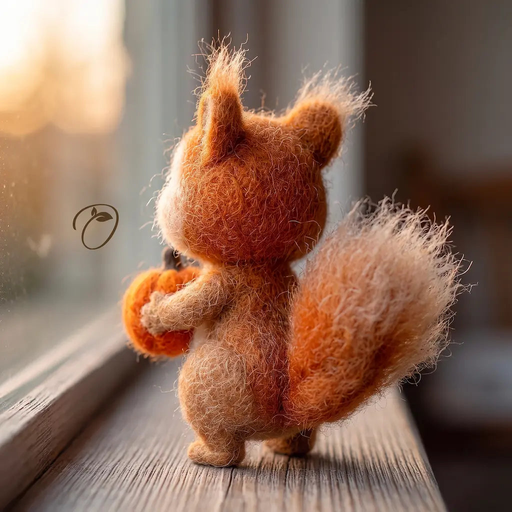 A felted wool squirrel figurine, viewed from behind, standing on a wooden windowsill and holding a small orange pumpkin. The background shows a softly blurred window with warm light.