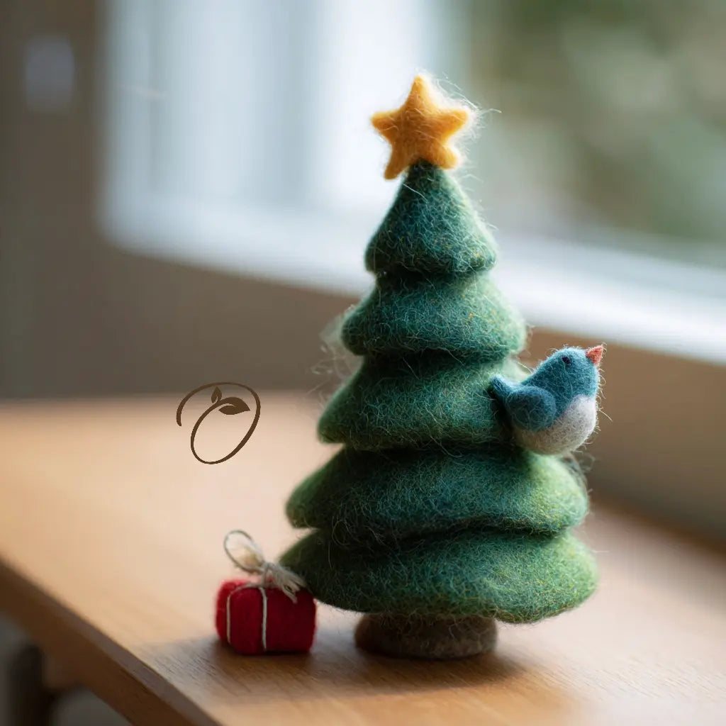 A felt Christmas tree decoration made of layered green wool, topped with a yellow star, with a small blue bird and a tiny red gift box attached or placed beside it, set on a wooden surface near a window.