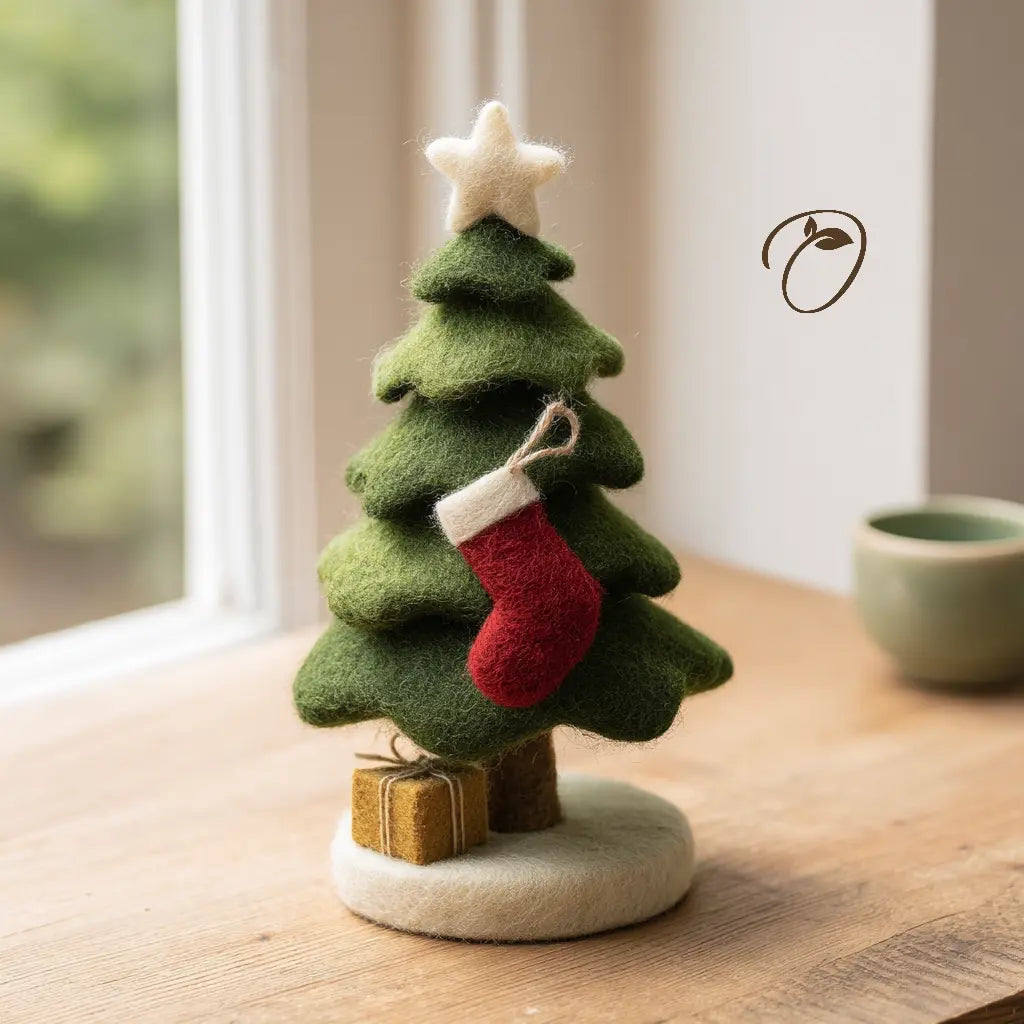 A small felt Christmas tree ornament with a white star on top, a red hanging stocking, and wrapped gift boxes at the base, displayed on a wooden surface near a window.