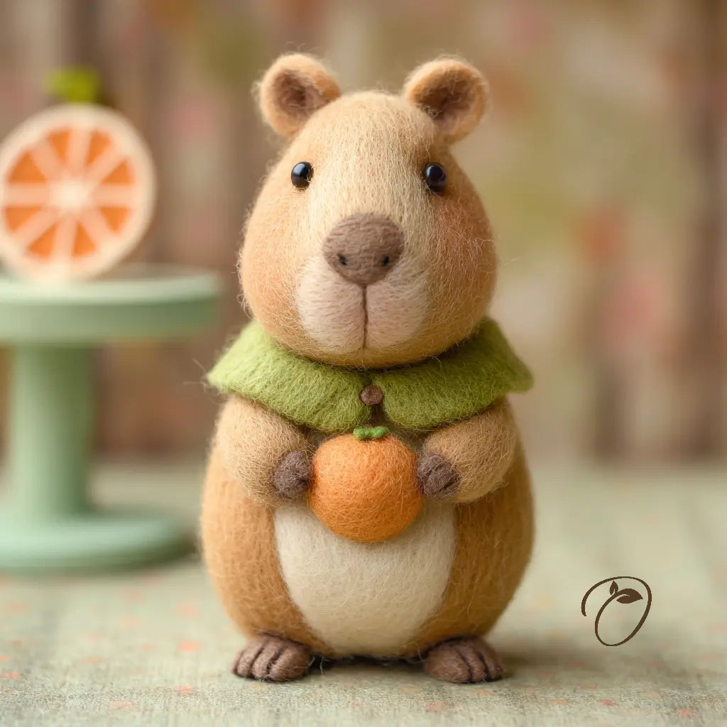 A cute needle-felted animal figurine of a brown and beige rodent holding a small orange, wearing a green collar, set against a soft-focus background with a blurred orange slice prop.
