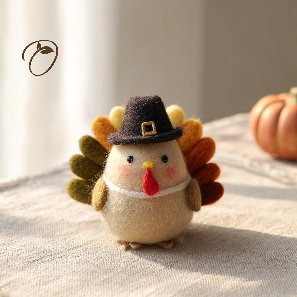 A small felt turkey decoration wearing a dark brown pilgrim hat with a gold buckle, standing on a light fabric surface with a softly blurred pumpkin in the background.