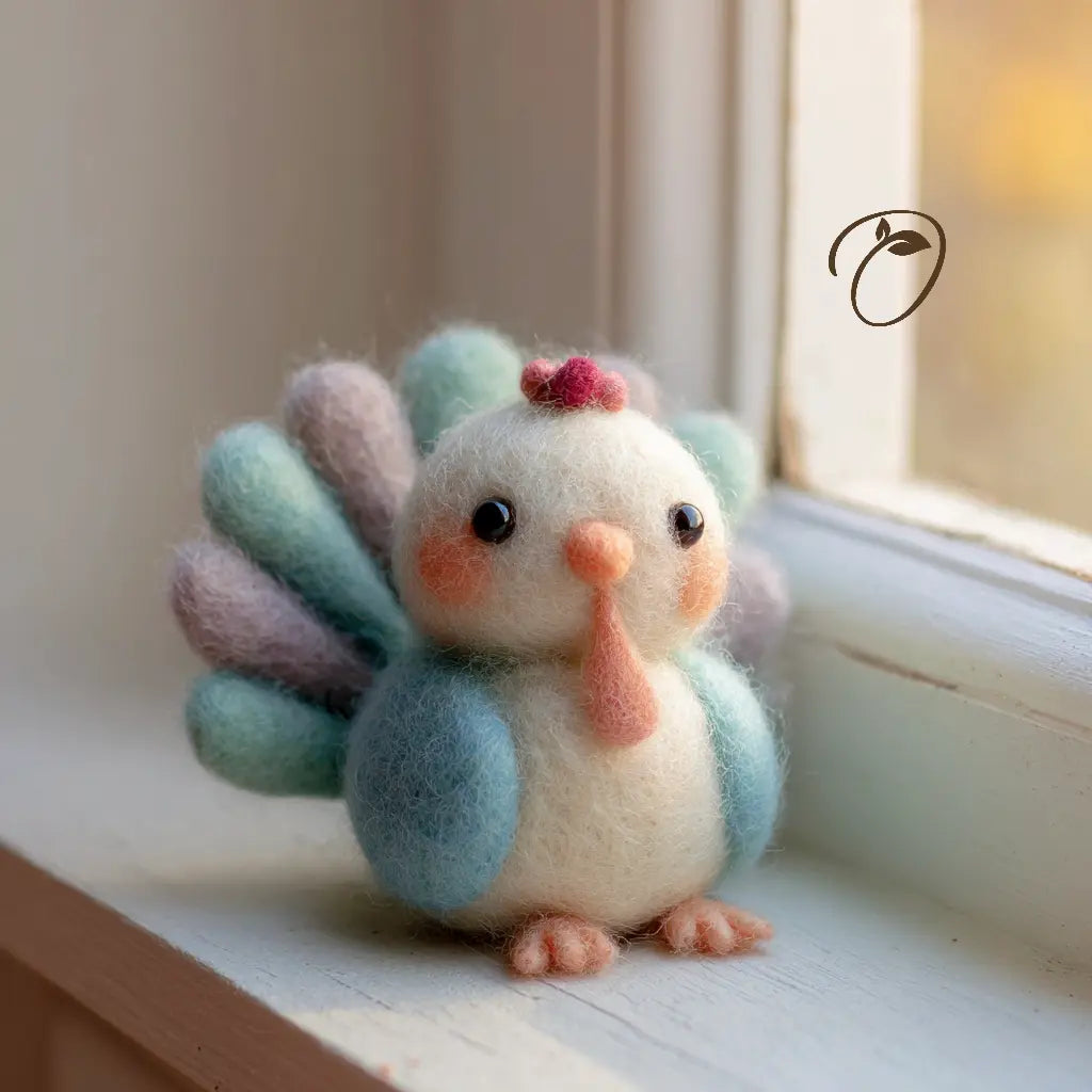 A small felted wool decorative bird figurine with pastel blue wings, cream body, peach beak and feet, and a multicolor feathered tail, sitting on a windowsill.