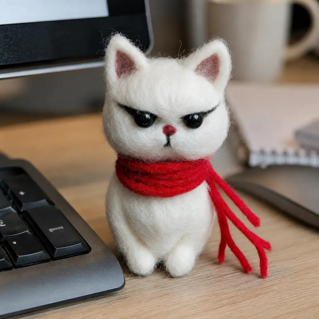 Sassy white cat wool felt figurine with red scarf displayed beside a keyboard on a real office desk
