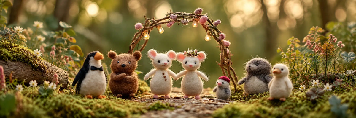 Handmade wool felt mice celebrating under a floral arch with woodland animals in a warm garden setting