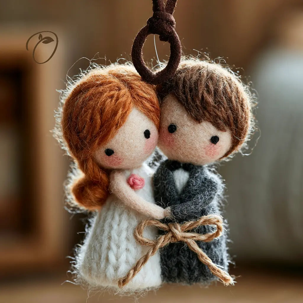 A close-up of a handmade wool felt couple ornament hanging from a dark brown loop. The bride has ginger hair and wears a white knitted dress, while the groom has brown hair and wears a dark gray sweater.