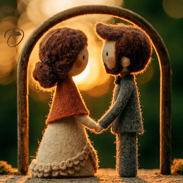 A small felted wool figurine of a couple holding hands under a rustic arched frame, with warm golden bokeh in the background.