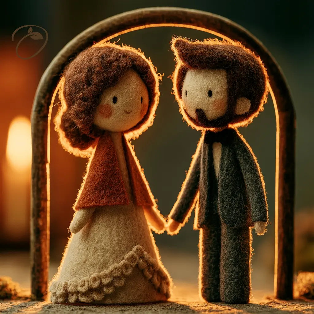A small felt wedding couple figurine with a bride and groom holding hands under a rustic arched backdrop, illuminated by warm golden light.
