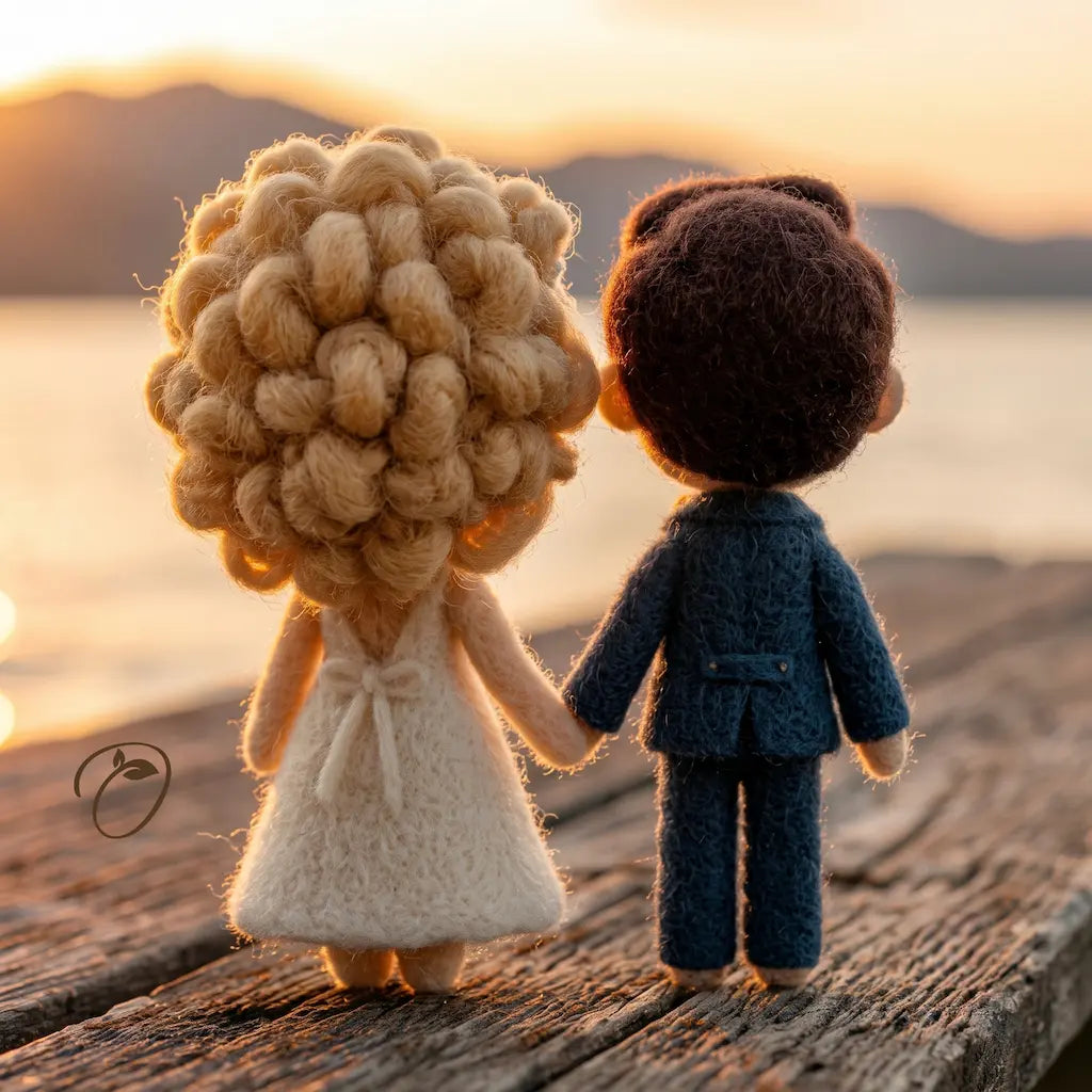 Two small felt doll figures seen from behind, standing on a wooden dock at sunset and holding hands. The doll on the left has curly blonde hair and a cream dress, and the doll on the right has dark brown hair and a dark blue suit.