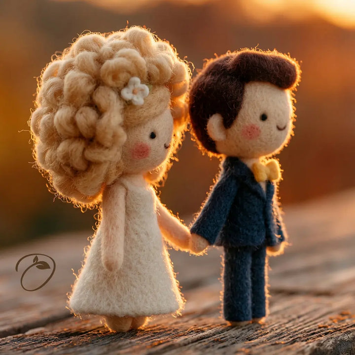 Handmade felt wedding couple figurine holding hands, with a bride in a cream dress and a groom in a blue suit, set against a warm sunset background on a wooden surface.