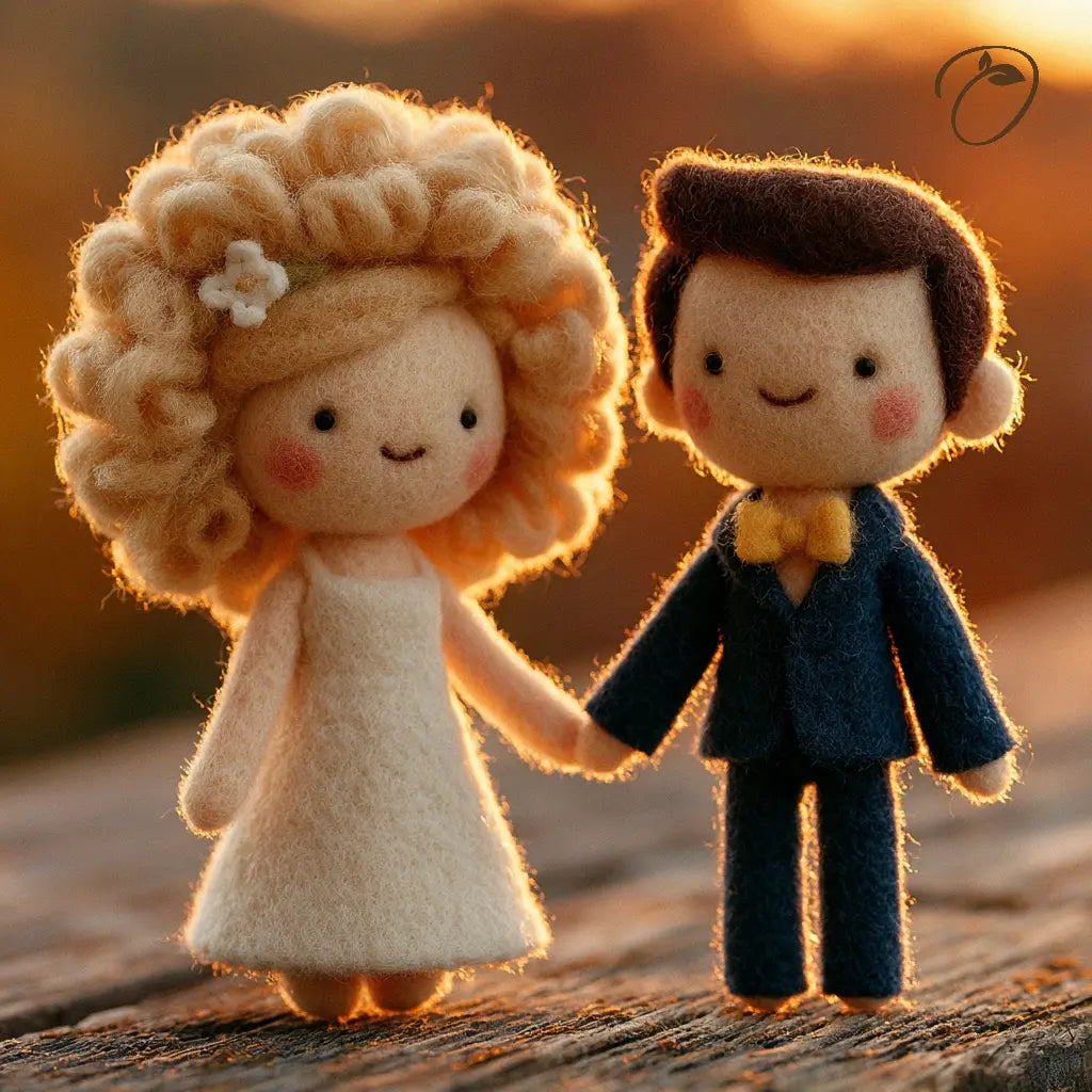 Two cute felt doll figurines holding hands, with a bride-like doll in a cream dress and a groom-like doll in a navy suit with a yellow bow tie, set against a warm sunset background.