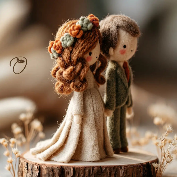 Handmade felt wedding couple figurine on a rustic wooden slice base, featuring a bride in a cream gown with orange and green floral hair accessories and a groom in a textured green suit, set against a warm, blurred background with dried flowers.