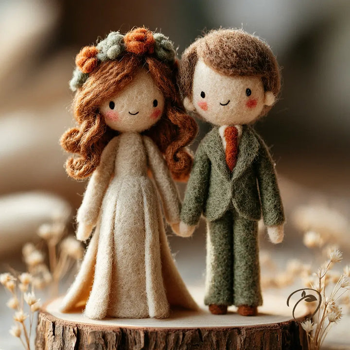 Handmade felt wedding couple figurine on a wooden slice base. The bride has long wavy light brown hair with a green and orange flower crown and wears a cream dress.