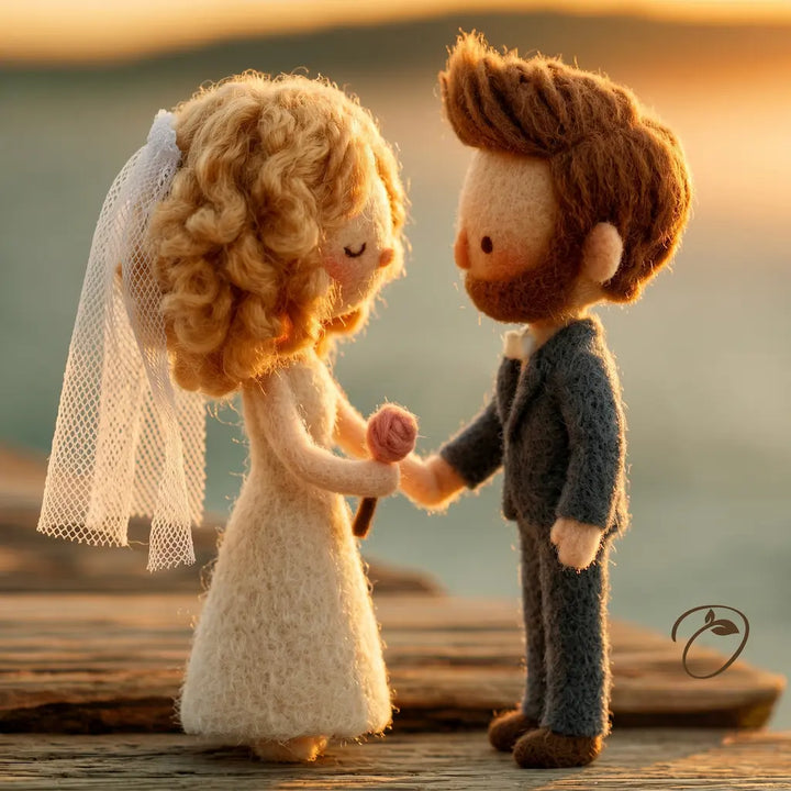 A handmade felt wedding couple figurine holding hands on a wooden dock at sunset. The bride is made of cream-colored wool with curly blonde hair, a white veil, and a cream dress.