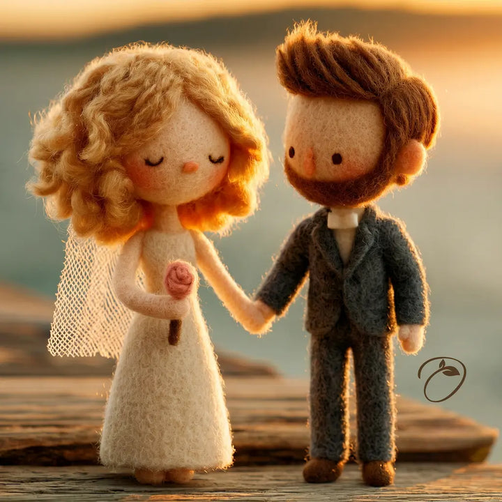 Handmade felt wedding couple figurines holding hands on a wooden dock at sunset. The bride is made of cream wool with curly blonde hair, a white veil, and holds a pink rose.