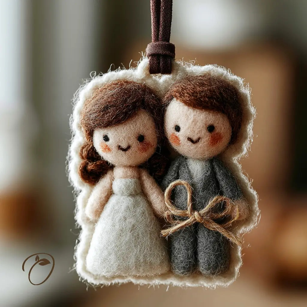 A felt wool hanging ornament depicting a cute bride and groom couple, with a brown hanging loop at the top. The bride is made of cream-colored wool with brown hair, wearing a white dress.