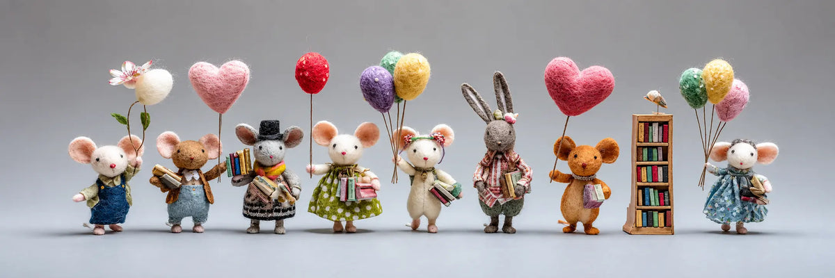 Handmade wool felt mice and rabbit holding heart balloons, books and gifts for Valentine’s Day