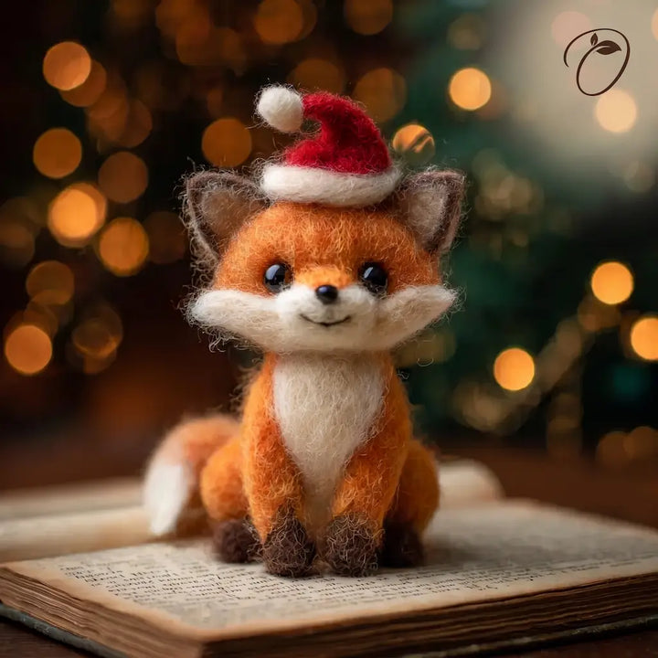 Orange wool felt fox figurine wearing a red Santa hat, with cream cheeks and chest, seated on an open book.